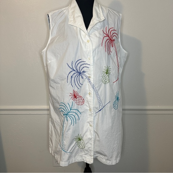 Tropical Embroidered White Button-Down Swim Coverup - Picture 2 of 8